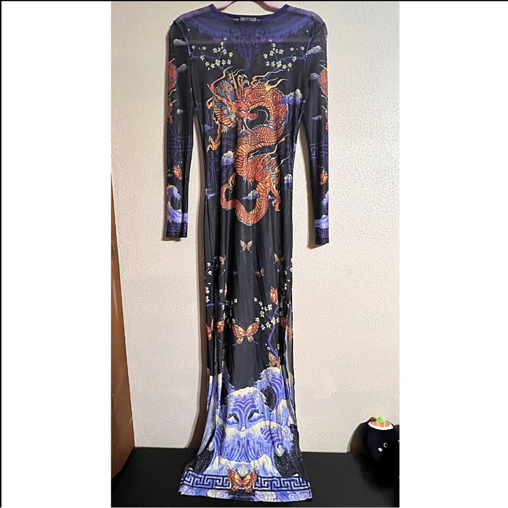 Dragon Print Mesh Dress with High Cut Slits!